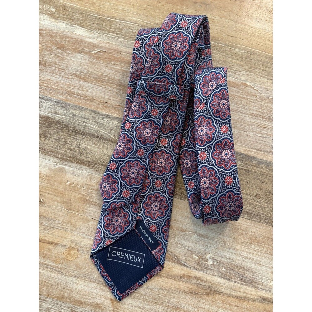 CREMIEUX Silk Tie Red & Blue Floral Medallion Jacquard Necktie 59” Made In Italy
